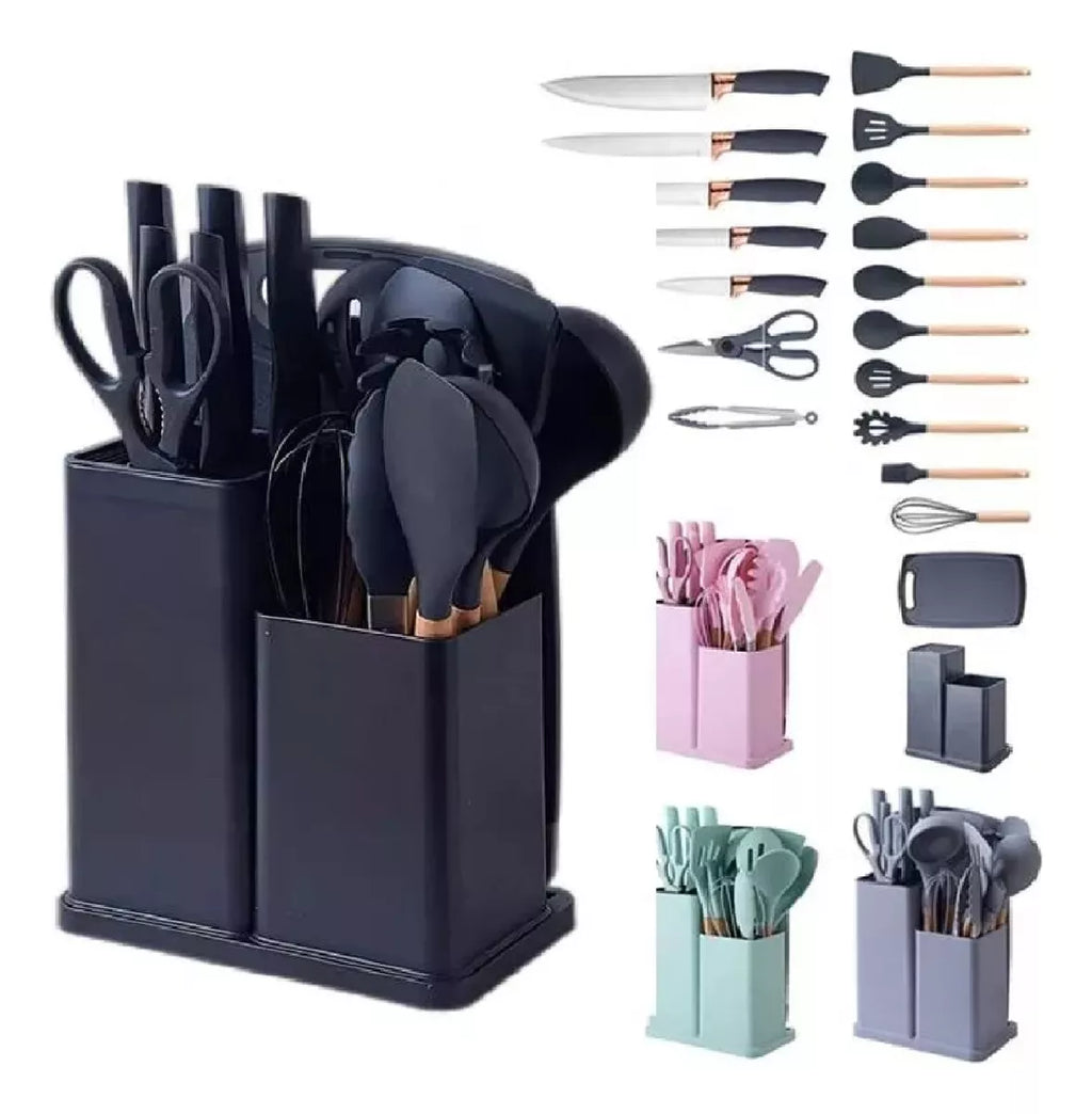 SET UTENSILIOS COCINA EN SILICONA & JUEGO DE CUCHILLOS 19PC NEGRO