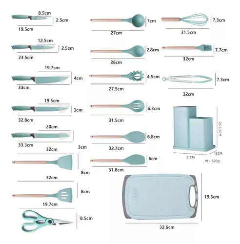SET UTENSILIOS COCINA EN SILICONA & JUEGO DE CUCHILLOS 19PC NEGRO