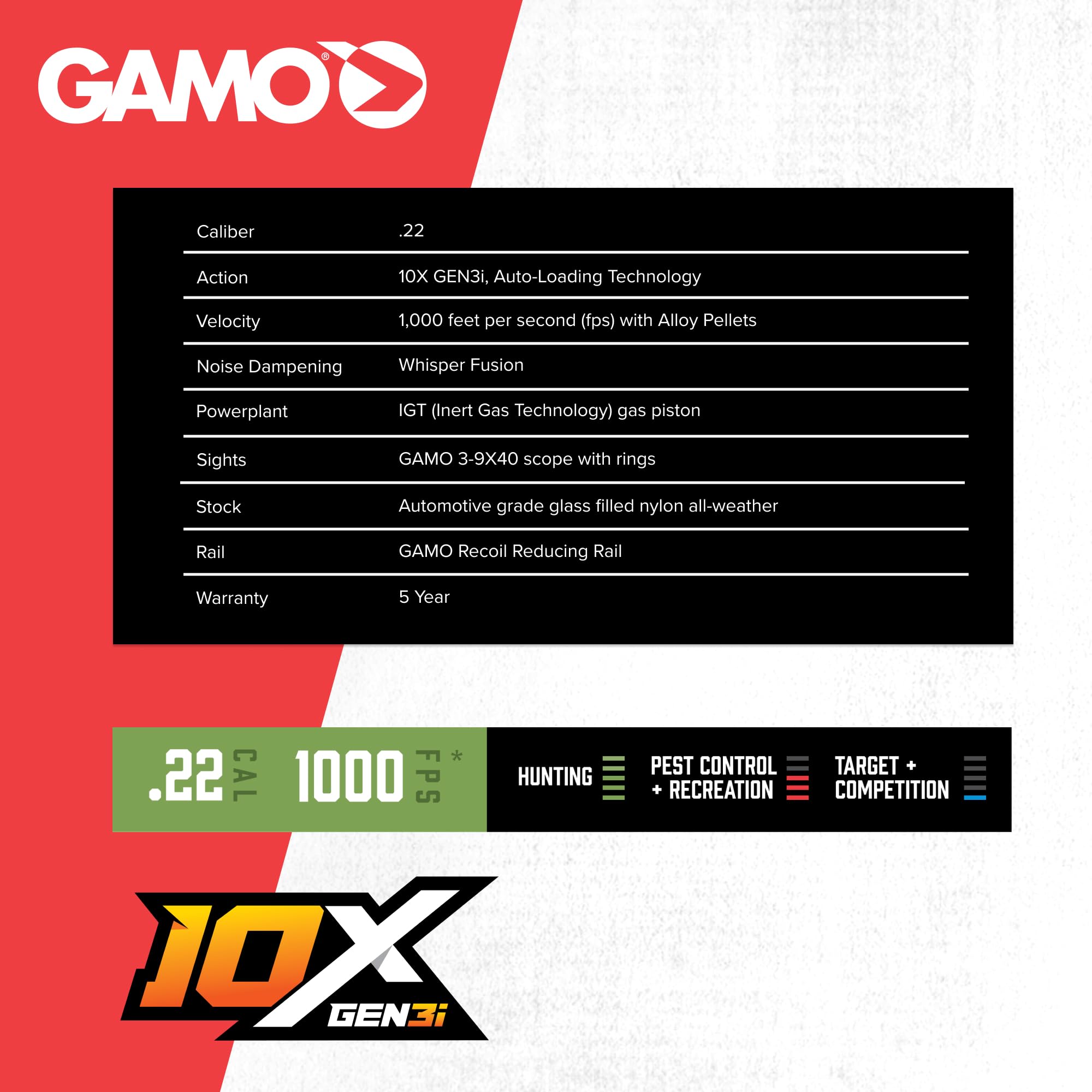 RIFLE NITRO PISTÓN GAMO SWARM FUSIÓN 10X GEN3I MULTI-TIRO 10X