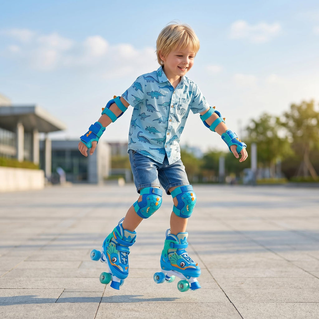 PATINES DE CUATRO RUEDAS CON DISEÑO DE DINOSAURIO Y RUEDAS LUMINOSAS PARA NIÑOS Y NIÑAS.