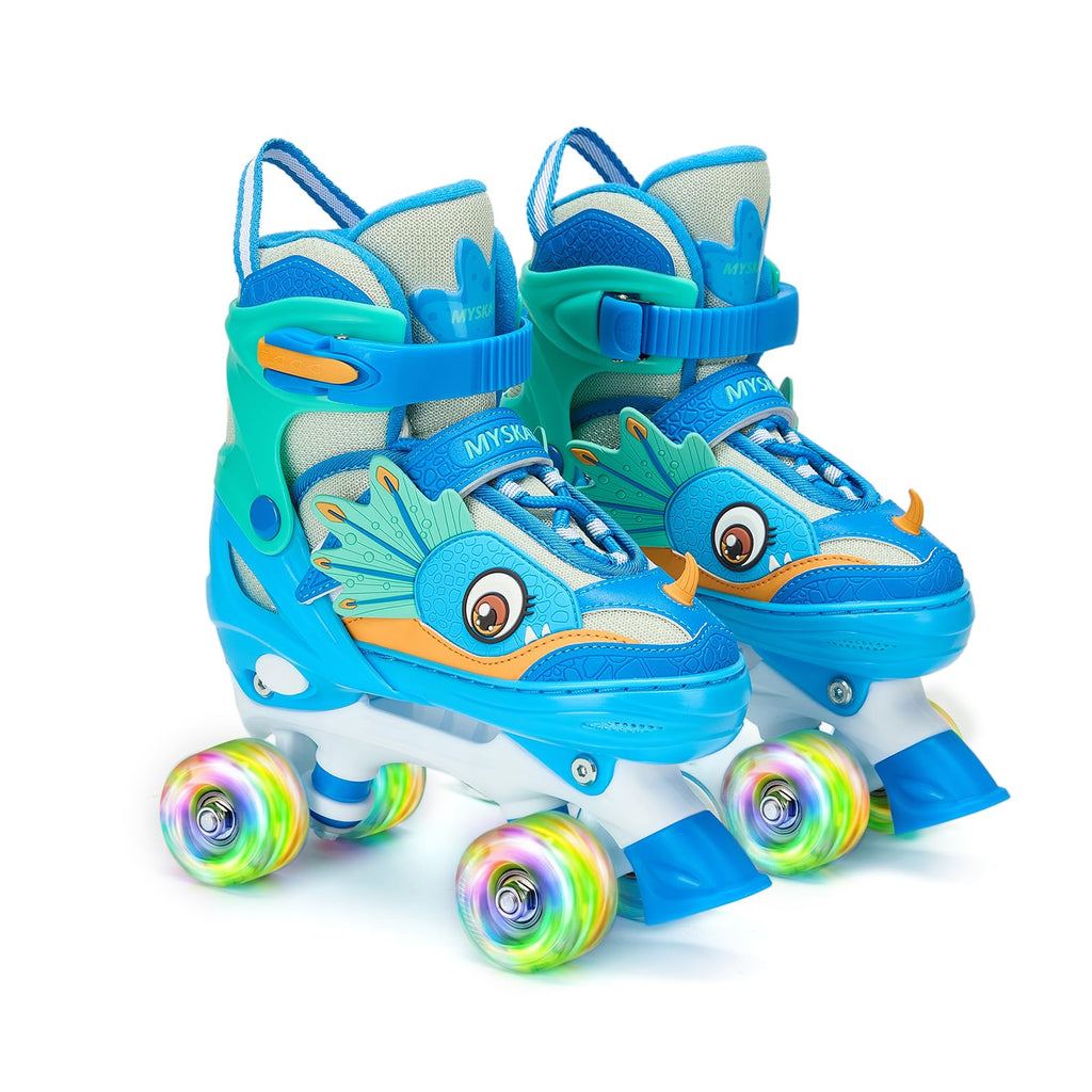 PATINES DE CUATRO RUEDAS CON DISEÑO DE DINOSAURIO Y RUEDAS LUMINOSAS PARA NIÑOS Y NIÑAS.