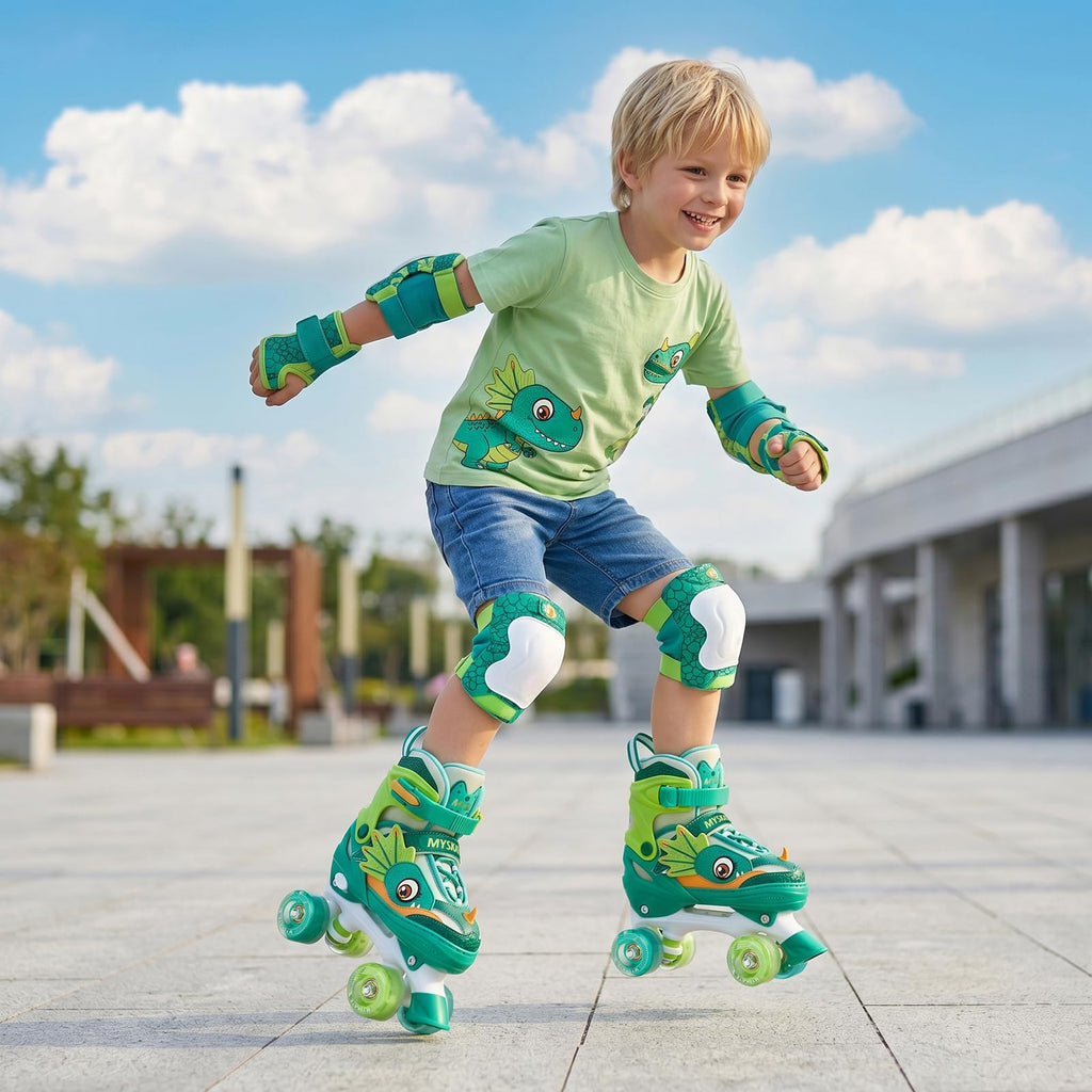 PATINES DE CUATRO RUEDAS CON DISEÑO DE DINOSAURIO Y RUEDAS LUMINOSAS PARA NIÑOS Y NIÑAS.