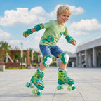 PATINES DE CUATRO RUEDAS CON DISEÑO DE DINOSAURIO Y RUEDAS LUMINOSAS PARA NIÑOS Y NIÑAS.