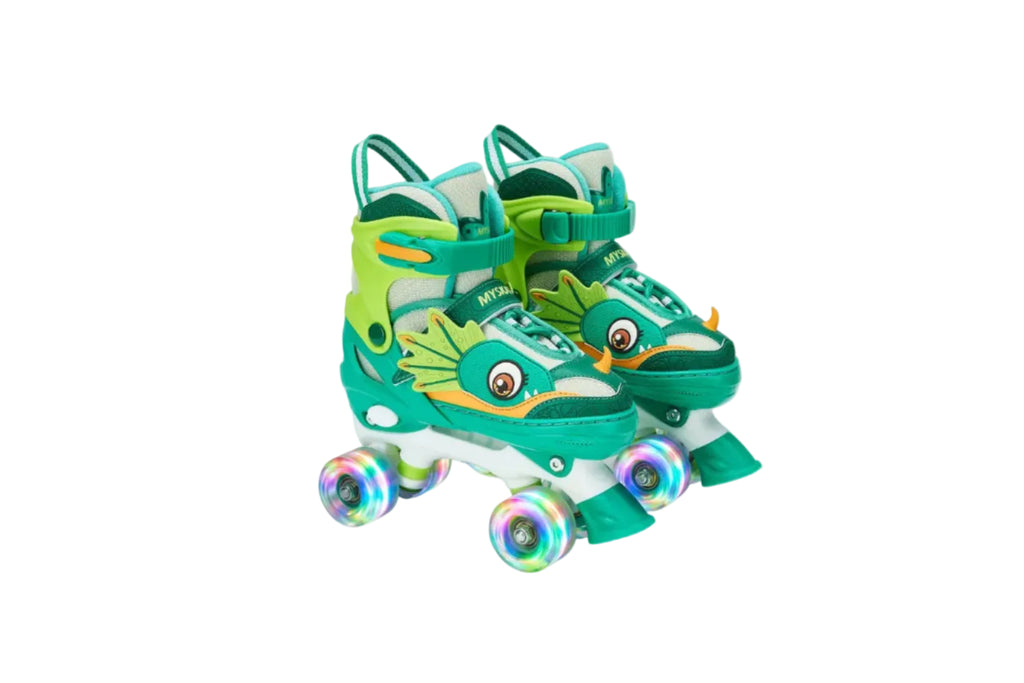 PATINES DE CUATRO RUEDAS CON DISEÑO DE DINOSAURIO Y RUEDAS LUMINOSAS PARA NIÑOS Y NIÑAS.