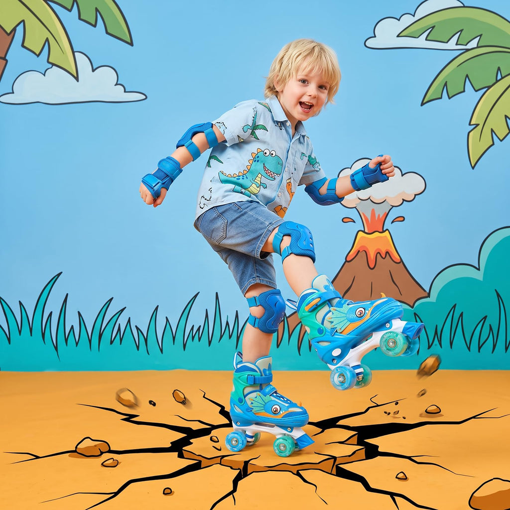 PATINES DE CUATRO RUEDAS CON DISEÑO DE DINOSAURIO Y RUEDAS LUMINOSAS PARA NIÑOS Y NIÑAS.