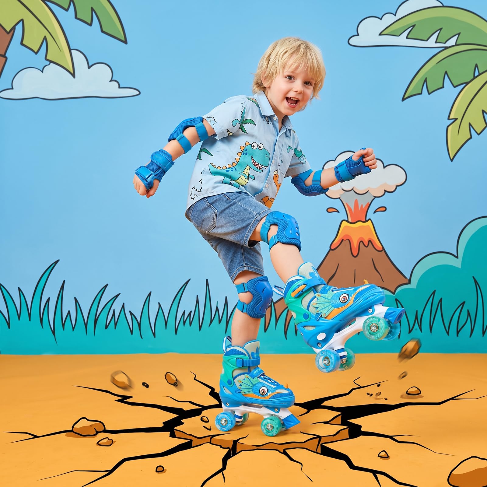 PATINES DE CUATRO RUEDAS CON DISEÑO DE DINOSAURIO Y RUEDAS LUMINOSAS PARA NIÑOS Y NIÑAS.