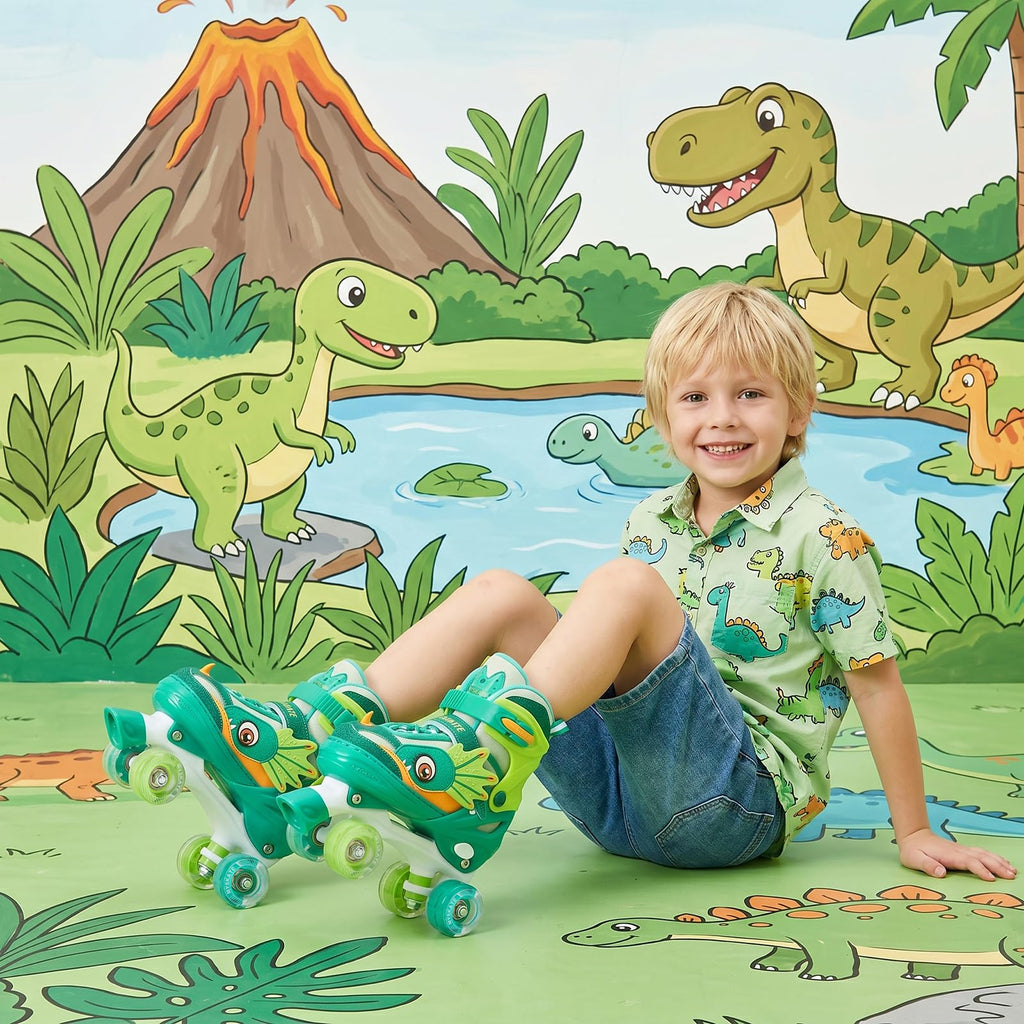 PATINES DE CUATRO RUEDAS CON DISEÑO DE DINOSAURIO Y RUEDAS LUMINOSAS PARA NIÑOS Y NIÑAS.