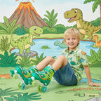 PATINES DE CUATRO RUEDAS CON DISEÑO DE DINOSAURIO Y RUEDAS LUMINOSAS PARA NIÑOS Y NIÑAS.