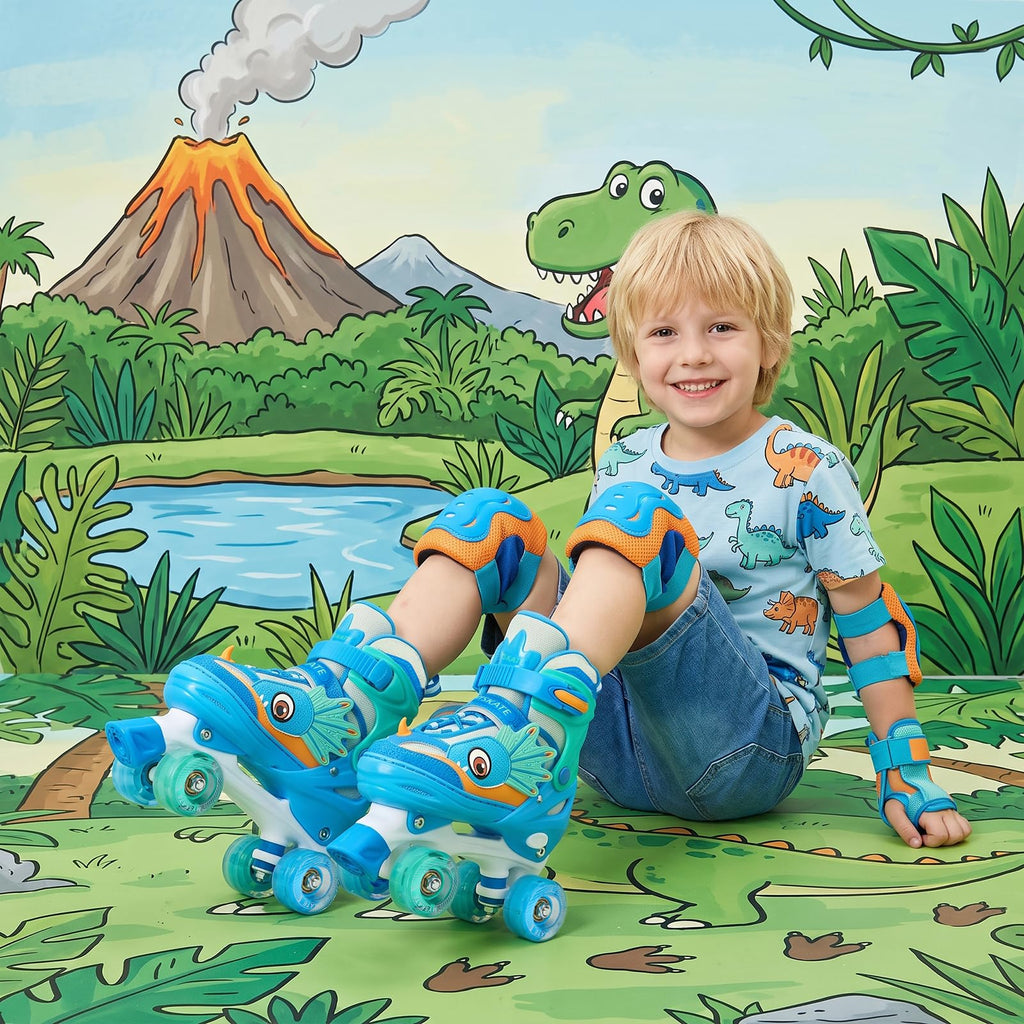 PATINES DE CUATRO RUEDAS CON DISEÑO DE DINOSAURIO Y RUEDAS LUMINOSAS PARA NIÑOS Y NIÑAS.