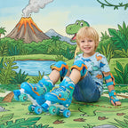 PATINES DE CUATRO RUEDAS CON DISEÑO DE DINOSAURIO Y RUEDAS LUMINOSAS PARA NIÑOS Y NIÑAS.