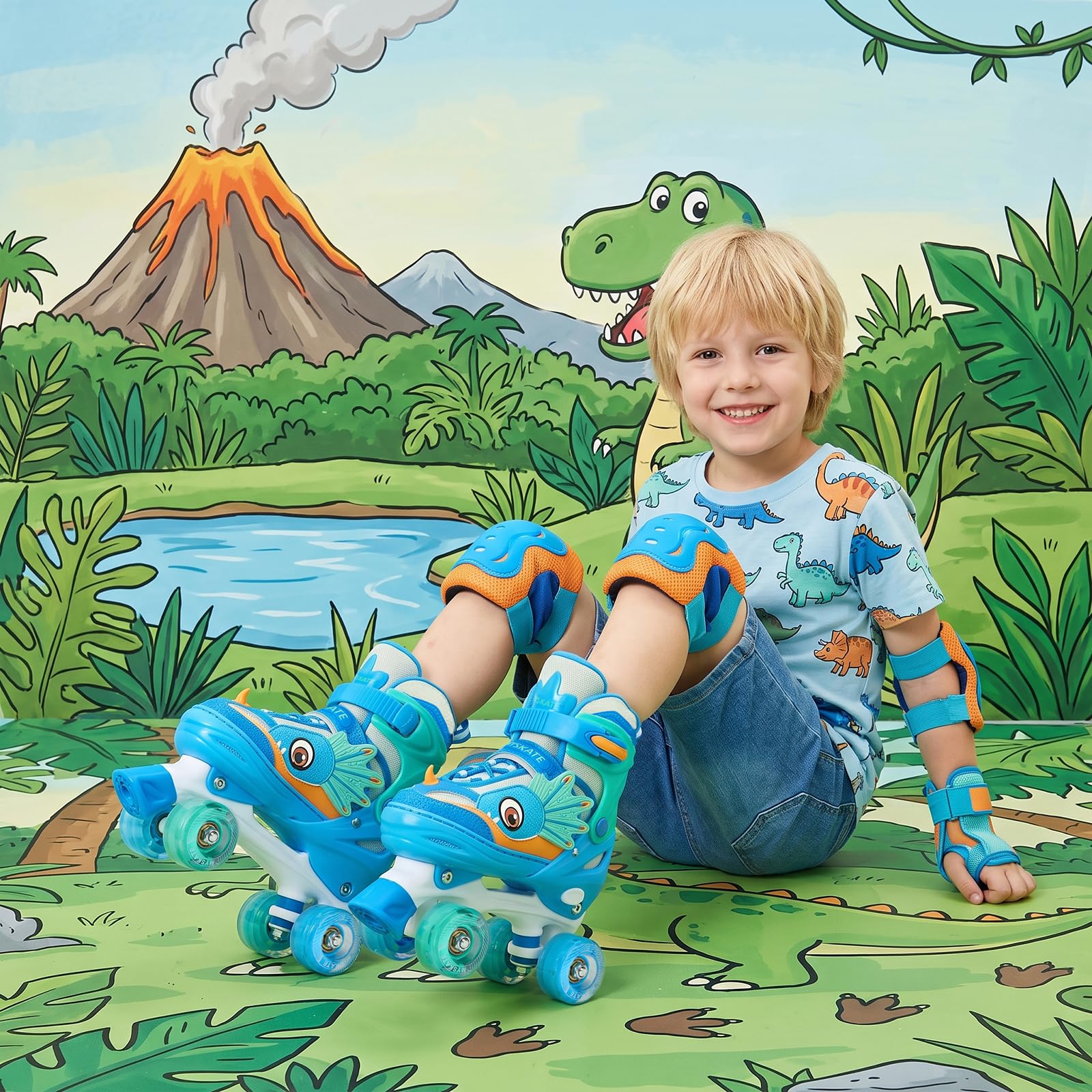 PATINES DE CUATRO RUEDAS CON DISEÑO DE DINOSAURIO Y RUEDAS LUMINOSAS PARA NIÑOS Y NIÑAS.