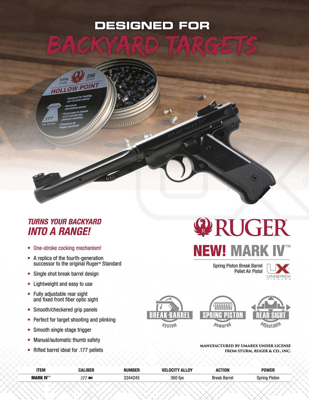 PISTOLA DE RESORTE UMAREX RUGER MARK IV MONO-TIRO