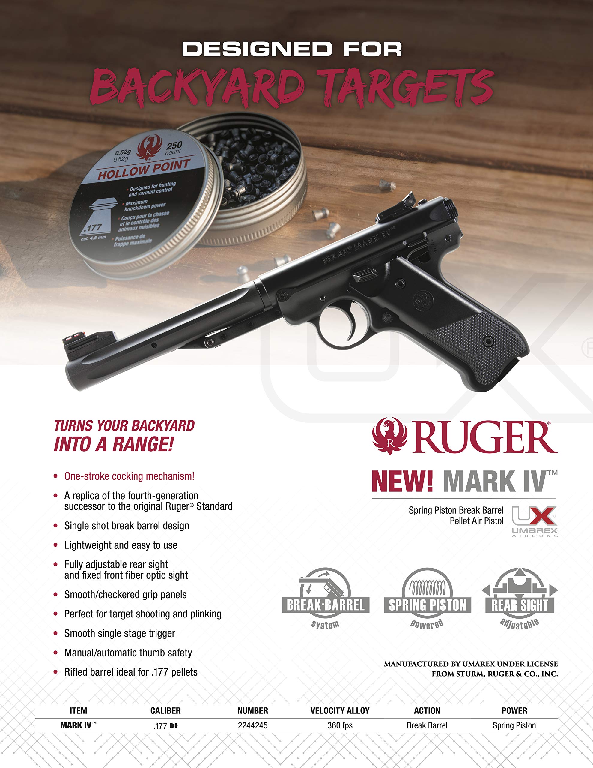 PISTOLA DE RESORTE UMAREX RUGER MARK IV MONO-TIRO