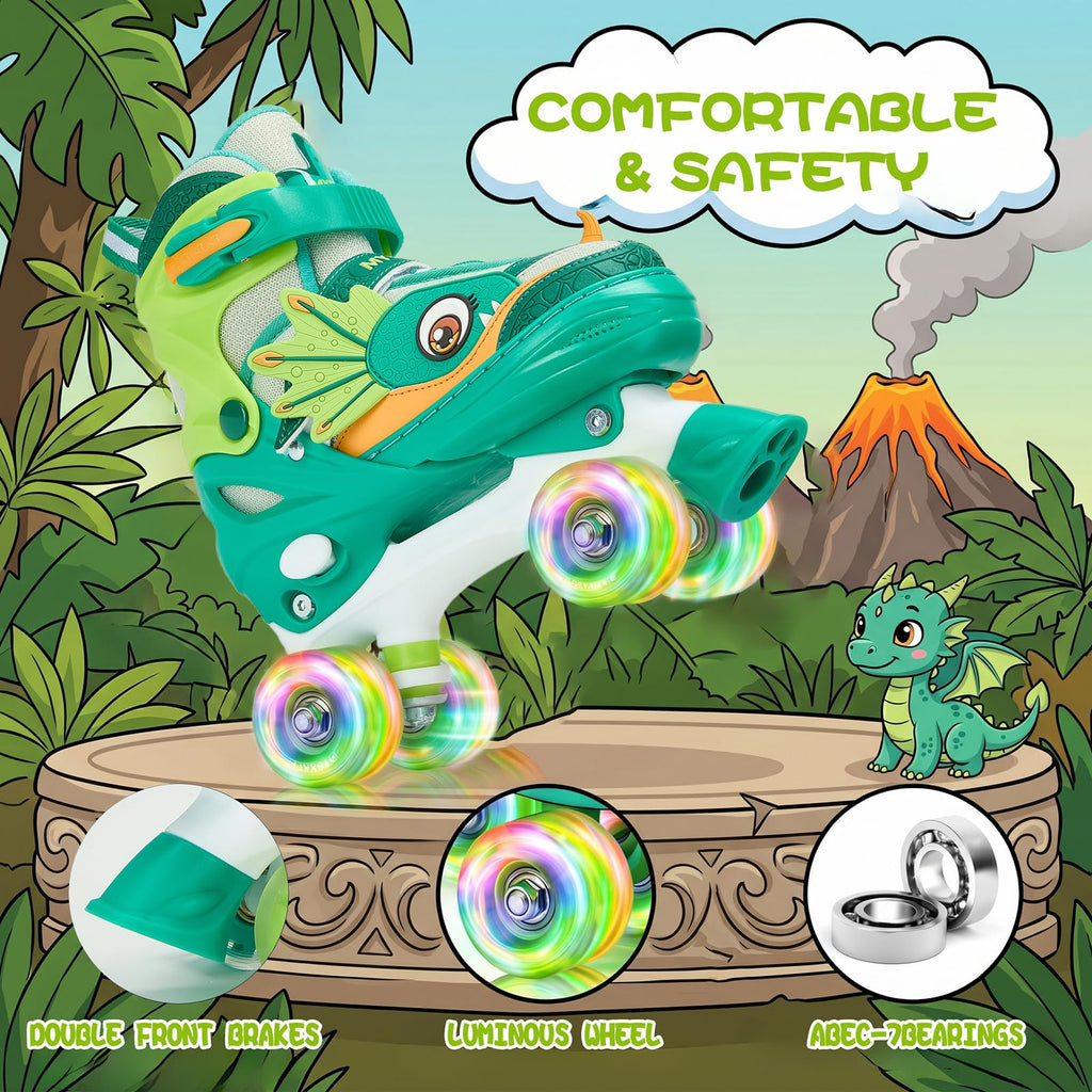 PATINES DE CUATRO RUEDAS CON DISEÑO DE DINOSAURIO Y RUEDAS LUMINOSAS PARA NIÑOS Y NIÑAS.