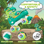 PATINES DE CUATRO RUEDAS CON DISEÑO DE DINOSAURIO Y RUEDAS LUMINOSAS PARA NIÑOS Y NIÑAS.
