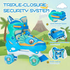 PATINES DE CUATRO RUEDAS CON DISEÑO DE DINOSAURIO Y RUEDAS LUMINOSAS PARA NIÑOS Y NIÑAS.