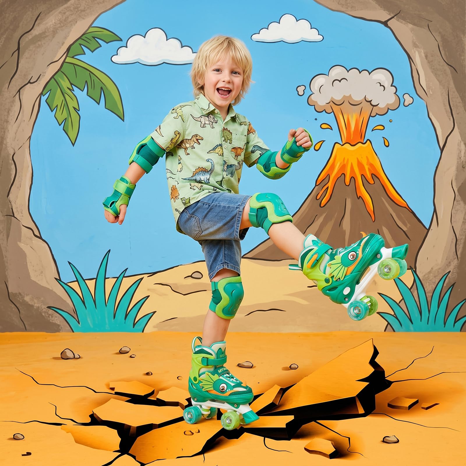PATINES DE CUATRO RUEDAS CON DISEÑO DE DINOSAURIO Y RUEDAS LUMINOSAS PARA NIÑOS Y NIÑAS.