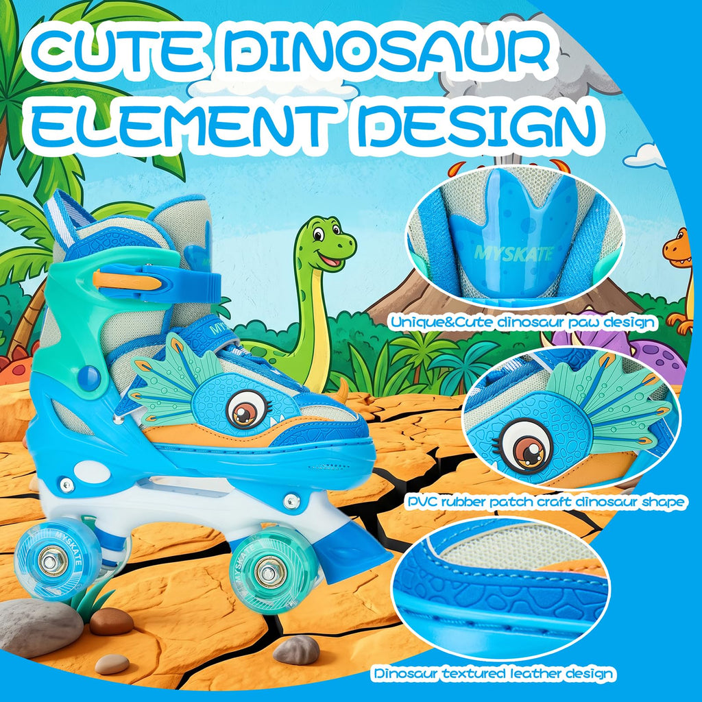 PATINES DE CUATRO RUEDAS CON DISEÑO DE DINOSAURIO Y RUEDAS LUMINOSAS PARA NIÑOS Y NIÑAS.