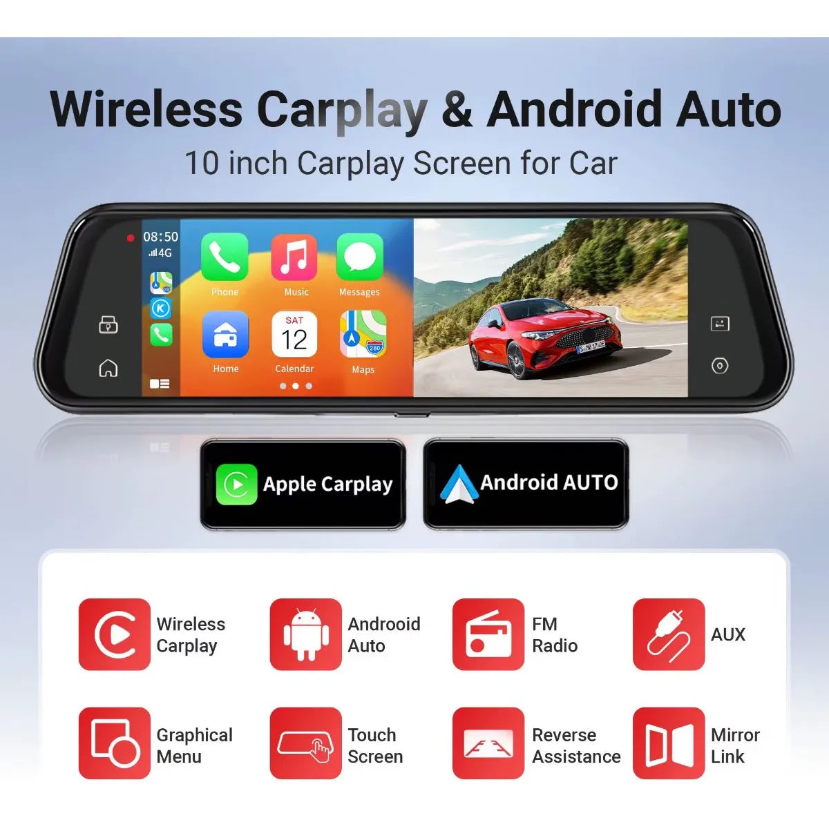 ESPEJO RETROVISOR 4K DOBLE CÁMARA CARPLAY ANDROID AUTO