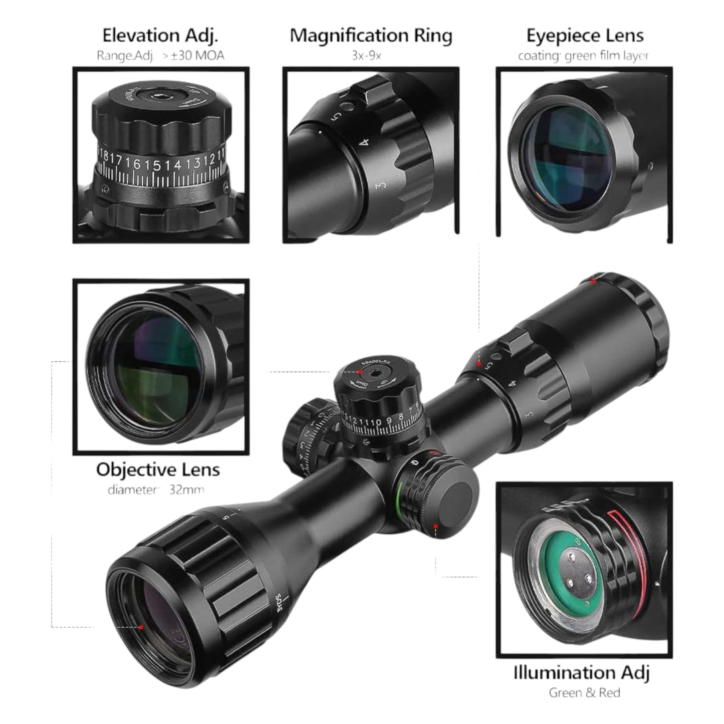Mira telescópica SPINA 3-9X32 retícula iluminada anillos qd para riel 22
