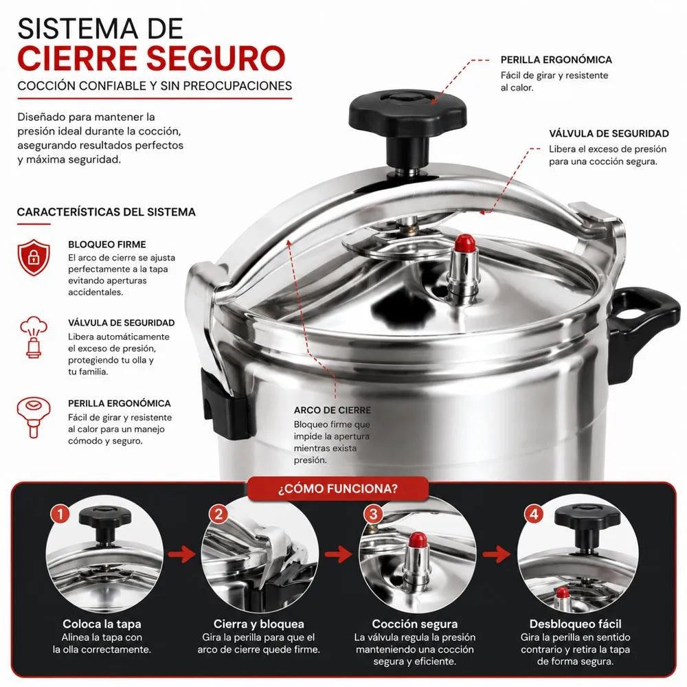 OLLA A PRESIÓN DE ALUMINIO ALTA RESISTENCIA CON SISTEMA DE CIERRE SEGURO PARA COCINA