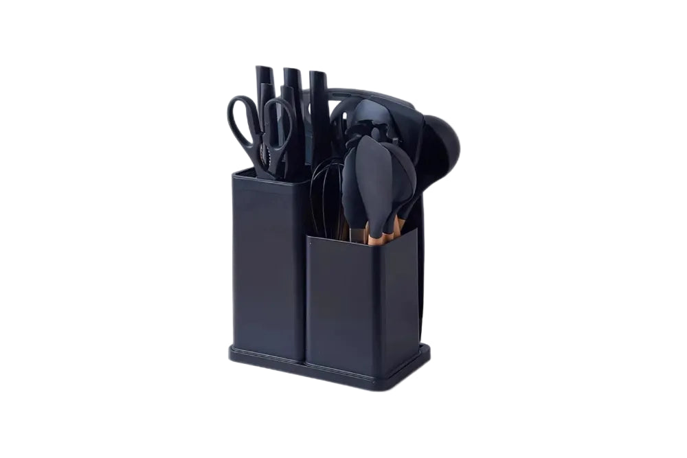 SET UTENSILIOS COCINA EN SILICONA & JUEGO DE CUCHILLOS 19PC NEGRO