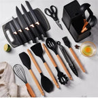 SET UTENSILIOS COCINA EN SILICONA & JUEGO DE CUCHILLOS 19PC NEGRO