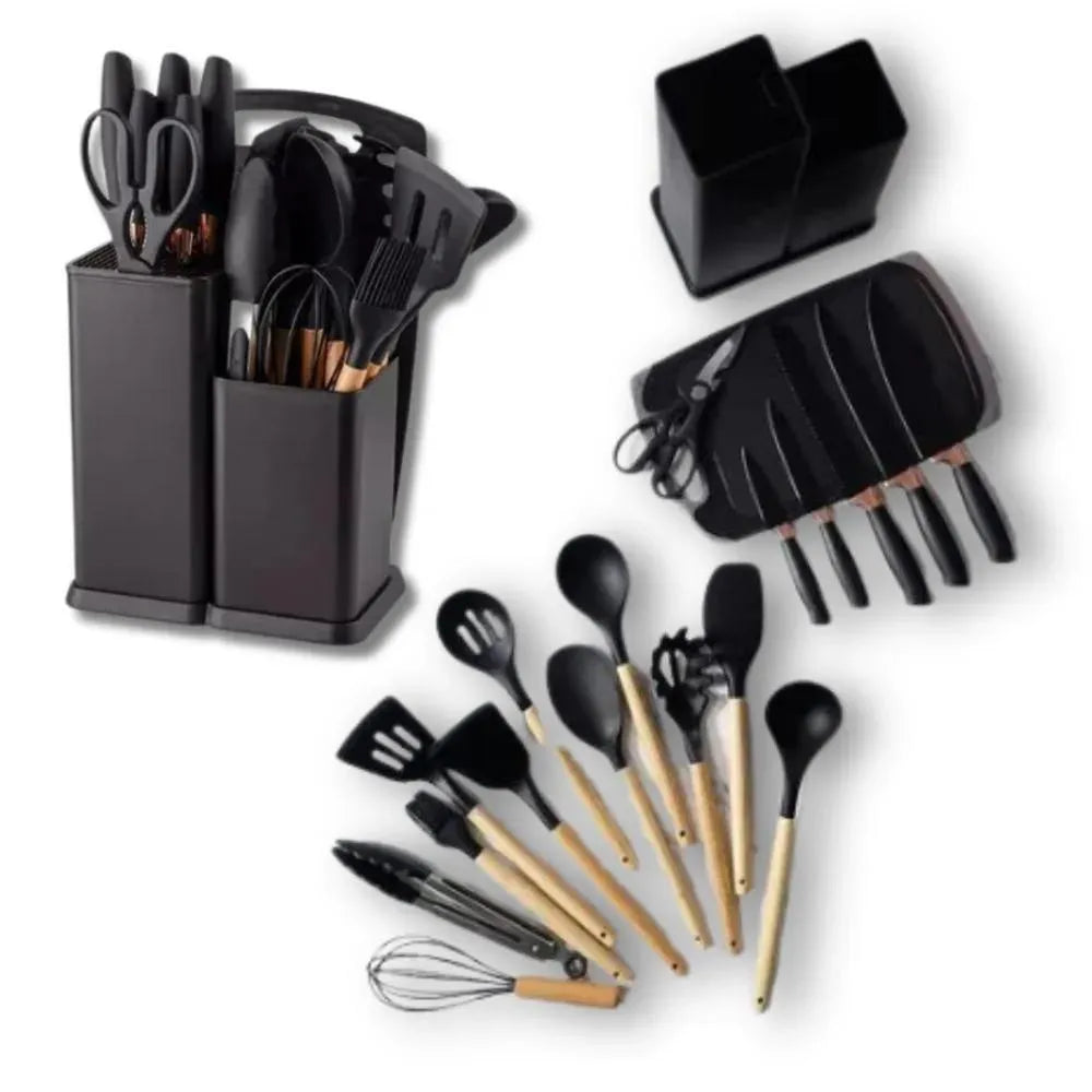 SET UTENSILIOS COCINA EN SILICONA & JUEGO DE CUCHILLOS 19PC NEGRO