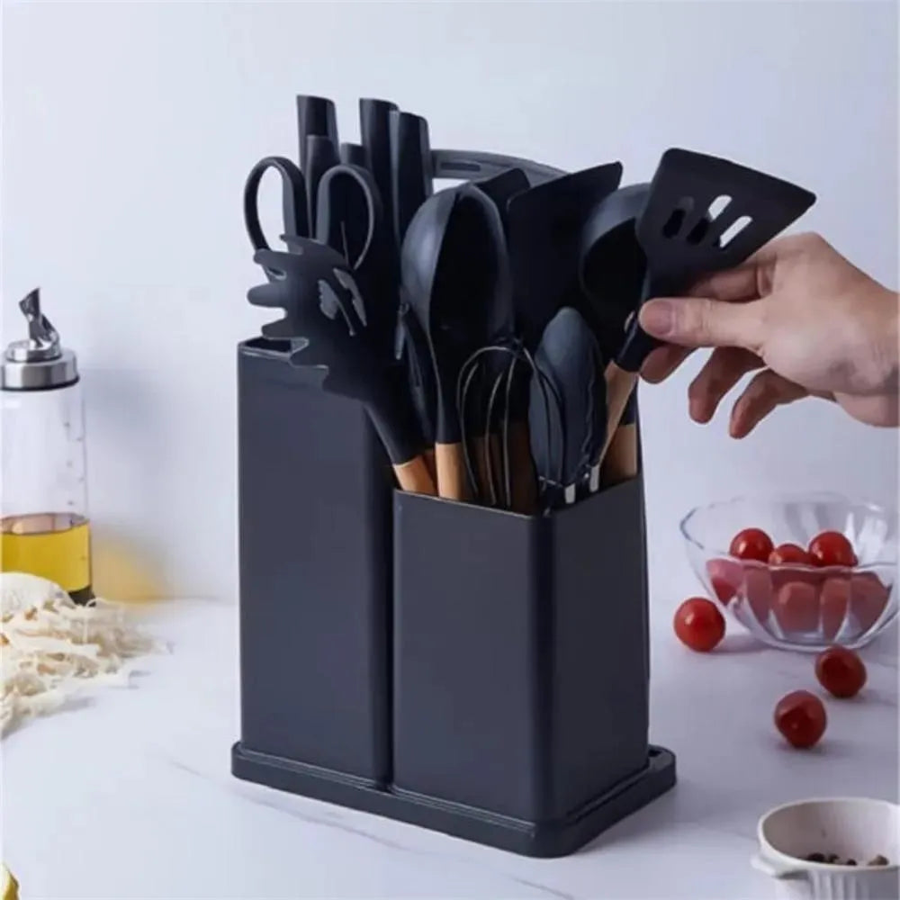 SET UTENSILIOS COCINA EN SILICONA & JUEGO DE CUCHILLOS 19PC NEGRO